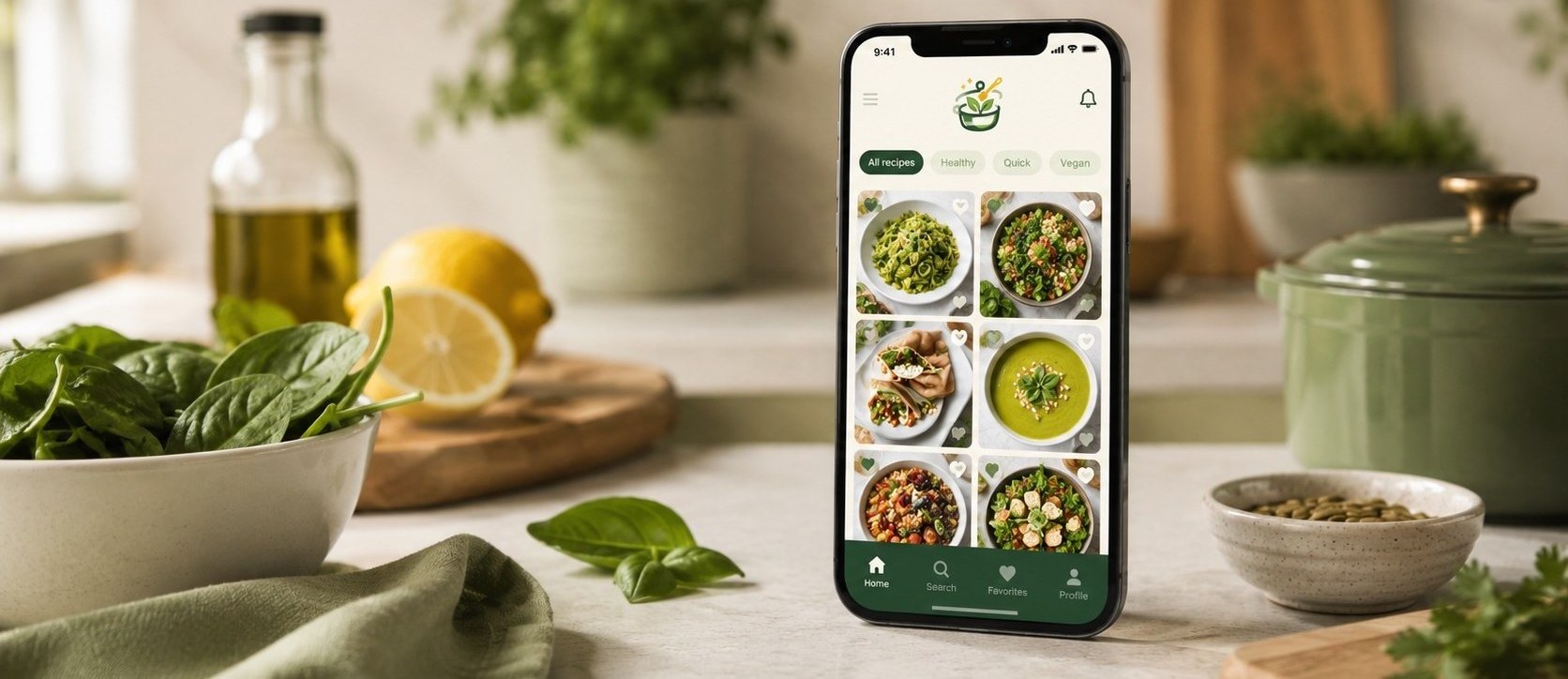 L'application Recette & Repas affichée sur un téléphone, posé dans une cuisine entouré d'ingrédients frais